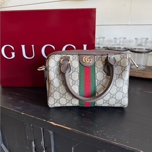 Gucci Beige and Brown Mini Bag with Red and Green Stripe